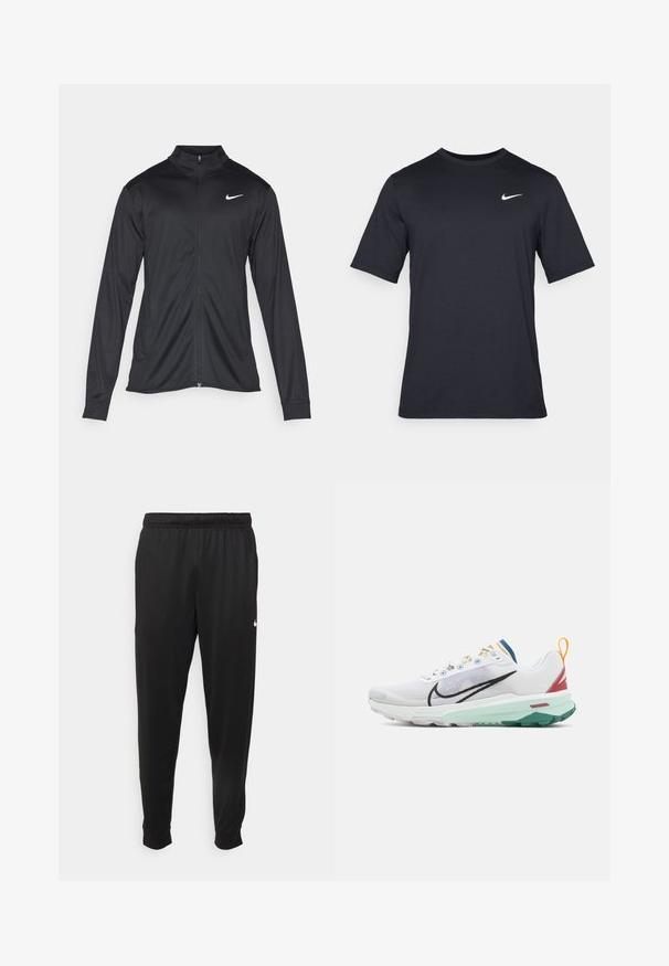 Veste de sport noire à manches longues, avec col et fermeture éclair intégrale. Présente un logo Nike subtil en blanc sur le côté supérieur gauche de la poitrine. Texture lisse.; T-shirt noir à manches courtes Nike en tissu lisse, arborant un logo swoosh blanc sur le côté supérieur gauche, col rond.; Pantalon de sport noir en tissu lisse, avec une taille élastique, des jambes fuselées et un petit logo blanc sur le côté gauche.; Nike Performance REACT TERRA KIGER 9 - Chaussures de running - white/black/court blue/cedar/alabaster