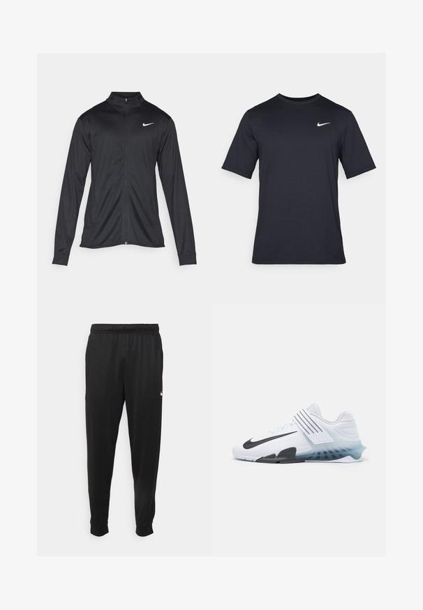 Melna sporta jaka ar garām piedurknēm, apkakli un pilnu rāvējslēdzēju. Uz kreisā krūts augšdaļas ir maigs Nike logo baltā krāsā. Gluda tekstūra.; Melnas īsām piedurknēm Nike t-krekls, izgatavots no gludas auduma, ar baltu swoosh logotipu augšējā kreisajā pusē, apaļu kakla izgriezumu.; Melnas sporta bikses, kas izgatavotas no gludas auduma, ar elastīgu jostu, sašaurinošām kājām un mazu balto logo kreisajā pusē.; Baltas sporta apavs ar melnu Nike swoosh, auduma augšdaļu, trim melnām svītrām un gradienta zilu līdz caurspīdīgu zoli. Iekļautas nostiprinātas akcenti.