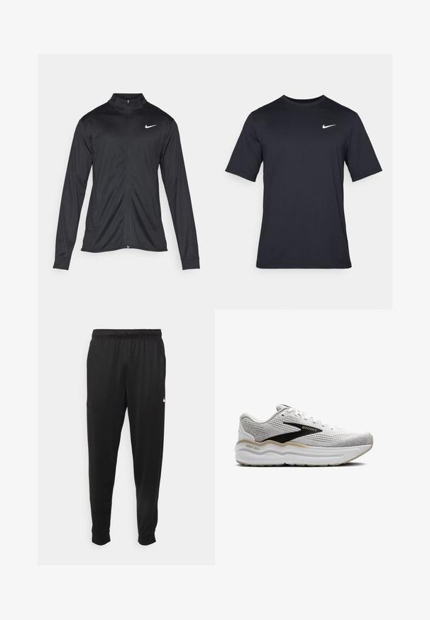 Juodas sportinis švarkas su ilgomis rankovėmis, apykakle ir pilnu užtrauktuku. Yra subtilus baltas Nike logotipas kairėje krūtinės pusėje. Lygus tekstūra.; Juodas trumpomis rankovėmis Nike marškinėliai, pagaminti iš lygaus audinio, su baltu swoosh logotipu viršutinėje kairėje pusėje, apvaliu kaklu.; Juodi sportiniai kelnės, pagamintos iš lygaus audinio, turinčios elastinę juosmenį, siaurėjantys sijonai ir mažas baltas logotipas kairėje pusėje.; Baltos sportinės bateliai su pilkais akcentais, tinklelio viršus, paminkštintas tarpiklis ir juodas prekės ženklas. Yra su apvaliu pirštu ir tekstūruota detalizacija.