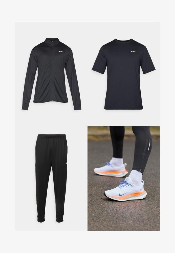 Černá sportovní bunda s dlouhými rukávy, límcem a plným zipem. Má decentní bílou logo značky Nike na horní levé části hrudi. Hladká textura.; Černé triko Nike s krátkým rukávem vyrobené z hladké látky, s bílým logem swoosh na horní levé straně, klasický kulatý výstřih.; Černé sportovní kalhoty vyrobené z hladké tkaniny, s elastickým pasem, zúženými nohavicemi a malým bílým logem na levé straně.; Bílé a oranžové běžecké boty s modrými tkaničkami, obuté na bílých ponožkách a černých legínách na asfaltovém povrchu.
