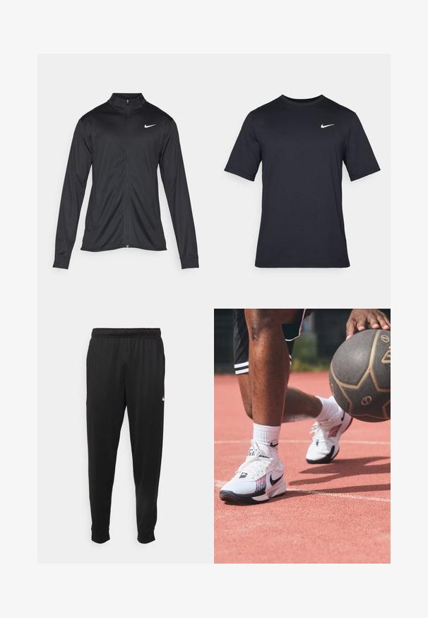 Veste de sport noire à manches longues, avec col et fermeture éclair intégrale. Présente un logo Nike subtil en blanc sur le côté supérieur gauche de la poitrine. Texture lisse.; T-shirt noir à manches courtes Nike en tissu lisse, arborant un logo swoosh blanc sur le côté supérieur gauche, col rond.; Pantalon de sport noir en tissu lisse, avec une taille élastique, des jambes fuselées et un petit logo blanc sur le côté gauche.; Baskets de sport blanches avec des accents noirs et rouges, présentant une tige texturée et un logo swoosh distinct, portées sur un terrain avec un ballon de basket.