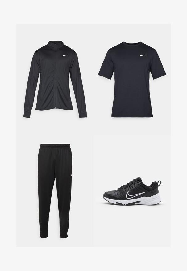 Sort atletisk jakke med lange ærmer, krave og fuld lynlås. Har et diskret Nike-logo i hvidt på den øverste venstre side af brystet. Glat tekstur.; Sort kortærmet Nike t-shirt lavet af glat stof, med et hvidt swoosh-logo på øverste venstre side, rund halsudskæring.; Sorte atletiske bukser lavet af glat stof, med elastisk talje, smalnende ben og et lille hvidt logo på venstre side.; Sort sportsko med overdel i læder og tekstil, hvid mellemsål, sort ydersål, polstret krave, snørebåndslukning og en hvid logo detalje.