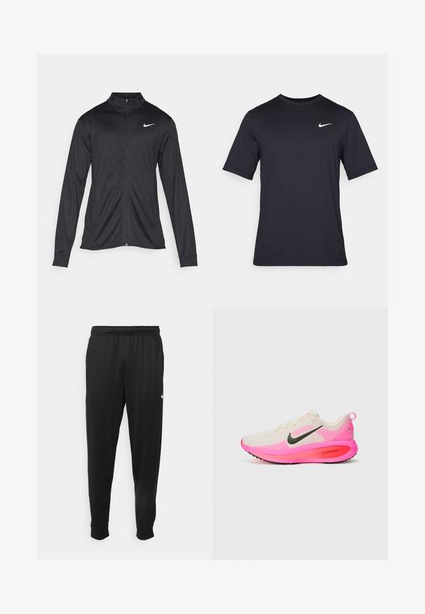 Veste de sport noire à manches longues, avec col et fermeture éclair intégrale. Présente un logo Nike subtil en blanc sur le côté supérieur gauche de la poitrine. Texture lisse.; T-shirt noir à manches courtes Nike en tissu lisse, arborant un logo swoosh blanc sur le côté supérieur gauche, col rond.; Pantalon de sport noir en tissu lisse, avec une taille élastique, des jambes fuselées et un petit logo blanc sur le côté gauche.; Baskets de course avec un dessus crème, un Swoosh noir, des accents roses et une semelle extérieure rose vif arborant le logo "zoomx". Matériau en mesh léger.