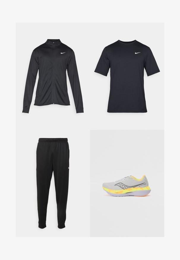 Čierna športová bunda s dlhými rukávmi, golierom a plným zipsom. Obsahuje nenápadné logo Nike v bielej farbe na hornej ľavej hrudi. Hladká textúra.; Čierne tričko s krátkym rukávom značky Nike z hladkého materiálu, s bielym logom swoosh na pravej hornej strane, okrúhly výstrih.; Čierne športové nohavice z hladkej tkaniny, s elastickým pásom, zužujúcimi sa nohavicami a malým bielym logom na ľavej strane.; Svetlošedá bežecká obuv s vrchnou časťou z materiálu s mrežou, čiernym logom a farebným prechodom strednej podrážky v žltej a oranžovej farbe. Gumová podrážka pre lepšiu trakciu.