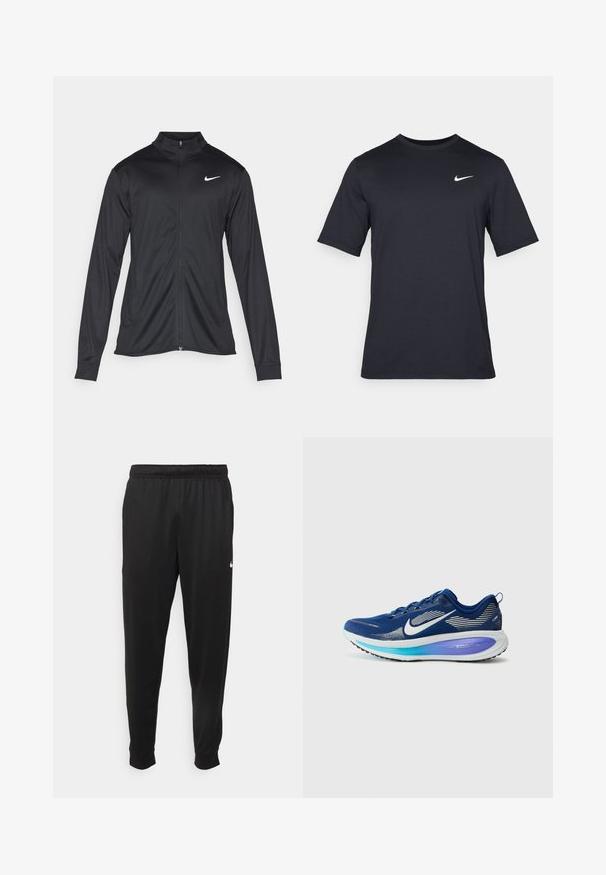 Jacket desportivo preto com mangas longas, colarinho e fecho zip completo. Apresenta um discreto logotipo da Nike em branco na parte superior do lado esquerdo do peito. Textura suave.; T-shirt Nike preto de manga curta, feito de um tecido suave, com um logo swoosh branco no lado superior esquerdo, gola redonda.; Calças de desporto pretas feitas de tecido suave, com uma cintura elástica, pernas ajustadas e um pequeno logo branco no lado esquerdo.; Sapatilha desportiva azul com parte superior em malha, logótipo swoosh branco, entressola em gradiente de teal para roxo e sola preta texturizada.