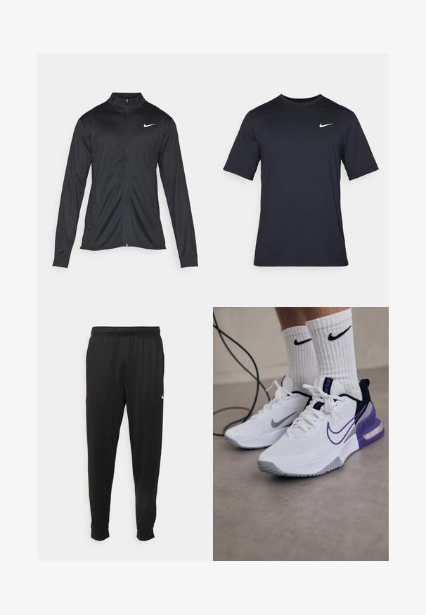 Jacket desportivo preto com mangas longas, colarinho e fecho zip completo. Apresenta um discreto logotipo da Nike em branco na parte superior do lado esquerdo do peito. Textura suave.; T-shirt Nike preto de manga curta, feito de um tecido suave, com um logo swoosh branco no lado superior esquerdo, gola redonda.; Calças de desporto pretas feitas de tecido suave, com uma cintura elástica, pernas ajustadas e um pequeno logo branco no lado esquerdo.; Ténis brancos desportivos com parte superior em malha, acentos roxos e sola cinza. Usados com meias brancas em canelado com um logótipo preto. Um cabo está por perto.