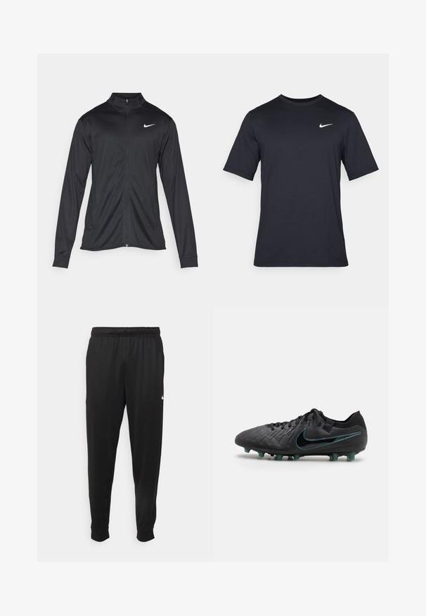 Čierna športová bunda s dlhými rukávmi, golierom a plným zipsom. Obsahuje nenápadné logo Nike v bielej farbe na hornej ľavej hrudi. Hladká textúra.; Čierne tričko s krátkym rukávom značky Nike z hladkého materiálu, s bielym logom swoosh na pravej hornej strane, okrúhly výstrih.; Čierne športové nohavice z hladkej tkaniny, s elastickým pásom, zužujúcimi sa nohavicami a malým bielym logom na ľavej strane.; Čierne futbalové kopačky s textúrovaným koženým zvrškom, so svetlo modrým logom Nike a piatimi tvarovanými kolíkovými súčasťami na tmavej podrážke pre trakciu.