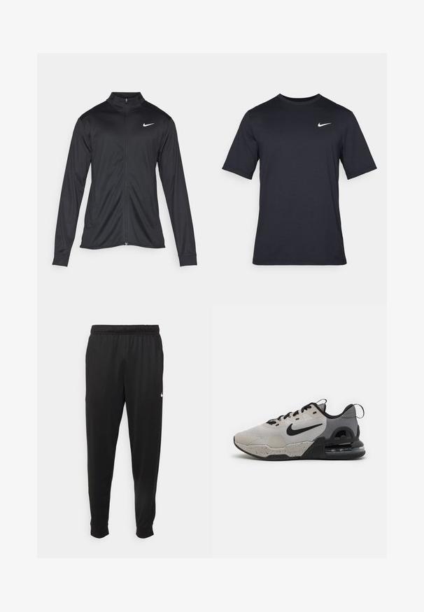 Must värvi sportlik jakk pikkade varrukatega, krae ja täispikk tõmblukk. Ülemises vasakus rinnas on diskreetne valge Nike logo. Sile tekstuur.; Must tume musta Nike t-särk, mis on valmistatud siledast kangast, valge swoosh logo vasakul ülanurgas, ümar kaelus.; Mustad mustekad athletic-püksid sujuvast kangast, elastse vöökoha, kitsenevate jalgade ja väikese valge logoga vasakul küljel.; Nike tossud halli ja musta värvitooniga, võrgu ja tekstuuriga ülekattega, paelad ning nähtav õhkpadjaelement taldades.