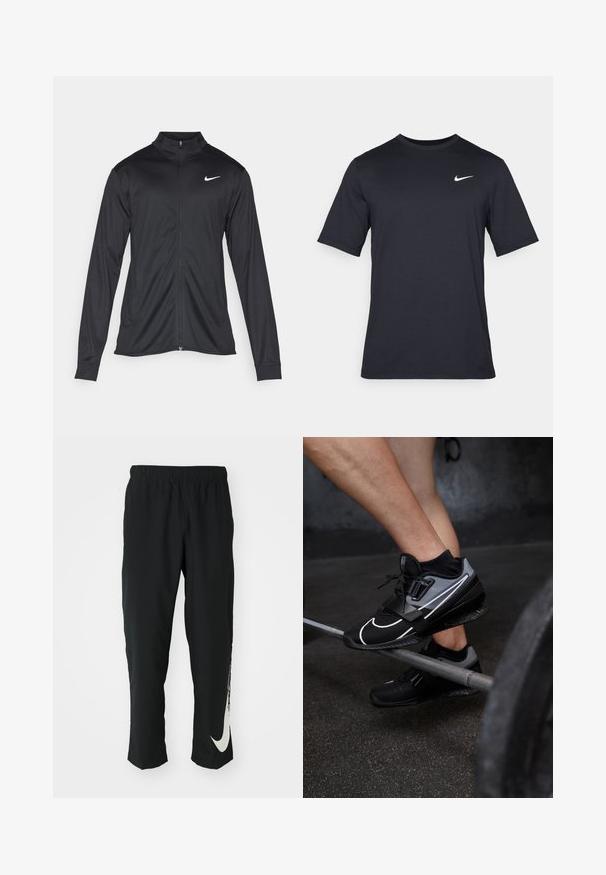 Chaqueta atlética negra con mangas largas, collar y cremallera completa. Presenta un sutil logo de Nike en blanco en la parte superior izquierda del pecho. Textura suave.; Camiseta negra de manga corta de Nike hecha de tela suave, con un logo de swoosh blanco en la parte superior izquierda y cuello cuadrado.; Pantalones deportivos negros con cinturilla elástica, diseño cónico, que presentan un gran logo blanco de Nike en la pierna izquierda. Tejido suave y ligero.; Zapatillas deportivas en negro y gris con material de malla, logo de Nike prominente, correa ancha y acentos en blanco, posicionadas sobre una barra de levantamiento de pesas.
