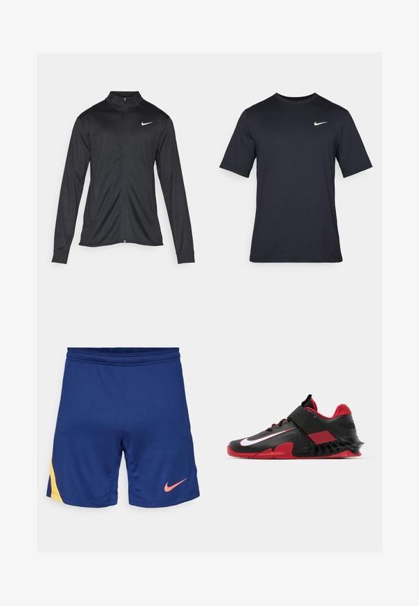 Jachetă sportivă neagră cu mâneci lungi, guler și fermoar complet. Prezintă un logo Nike subtil, alb, pe pieptul din stânga sus. Textură netedă.; Tricou Nike negru cu mânecă scurtă, confecționat dintr-un material neted, având un logo alb în formă de swoosh pe partea stângă sus, cu guler rotund.; Shorts de sport bleu marin cu detalii galbene pe lateral și logo-ul Nike de culoare roz pe piciorul drept, cu talie elastică.; Adidași sport negri și roșii, cu un design elegant, superior din plasă texturată, talpă din cauciuc robustă și un accent proeminent al logo-ului alb.
