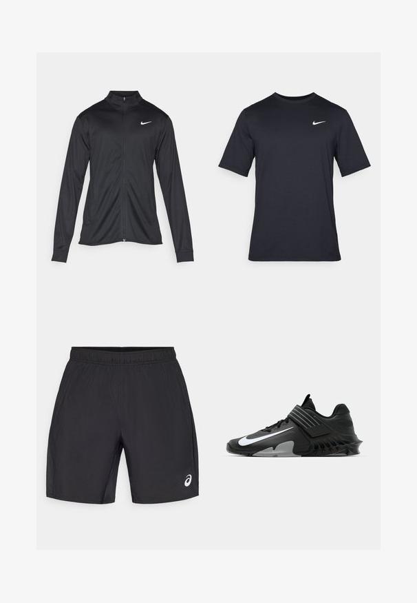 Jachetă sportivă neagră cu mâneci lungi, guler și fermoar complet. Prezintă un logo Nike subtil, alb, pe pieptul din stânga sus. Textură netedă.; Tricou Nike negru cu mânecă scurtă, confecționat dintr-un material neted, având un logo alb în formă de swoosh pe partea stângă sus, cu guler rotund.; Shorts atletici negri cu un brâu elastic, având o textură netedă și un mic logo alb în colțul din dreapta jos.; Pantofi sport negri cu un design elegant, având un logo Nike alb proeminent, suprapozitii texturate și o talpă distinctivă, turnată.