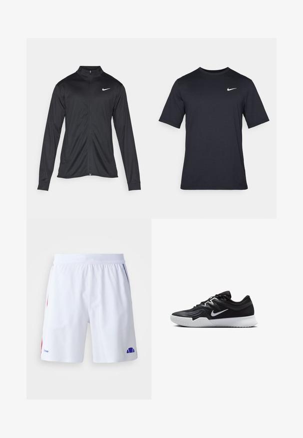 Musta urheilutakki pitkillä hihoilla, kauluksella ja kokonaisella vetoketjulla. Täydentää hienovarainen Nike-logo valkoisena vasemmassa ylärinnassa. Litteä pinta.; Mustan lyhythihainen Nike-t-paita, joka on valmistettu sileästä kankaasta ja jossa on valkoinen swoosh-logo vasemmassa yläkulmassa, pyöreä kaula-aukko.; Valkoiset urheilu shortsit, joissa on sileä pinta ja punaisia sekä sinisiä yksityiskohtia. Joustava vyötärö, joka takaa hyvän istuvuuden, ja sininen logotunnus.; Musta urheilukenkä, jossa on teksturoitu päällinen, valkoinen Nike-tikkaus ja valkoinen kumipohja. Kenkässä on nauhakuji ja dynaaminen muoto.