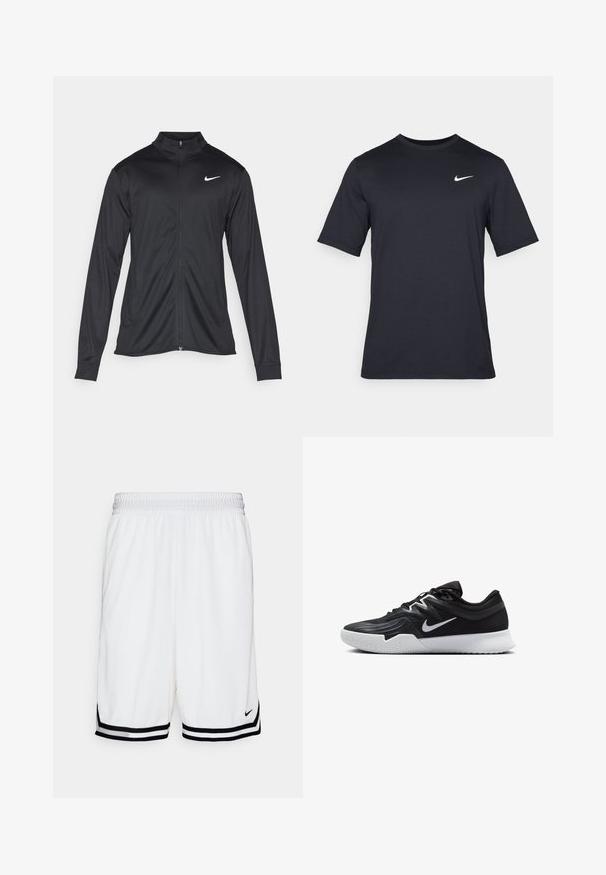 Must värvi sportlik jakk pikkade varrukatega, krae ja täispikk tõmblukk. Ülemises vasakus rinnas on diskreetne valge Nike logo. Sile tekstuur.; Must tume musta Nike t-särk, mis on valmistatud siledast kangast, valge swoosh logo vasakul ülanurgas, ümar kaelus.; Valged spordilühikesed püksid, millel on hingav võrgumaterjal, musta ja valge triibuga äärted ning tikitud logo ees.; Must mustad jalanikesad rikaste ülaservaga, valge Nike swoosh'i ja valge kummist välispõhjaga. Omab paeltega sulgemisdetaili ja dünaamilist kuju.