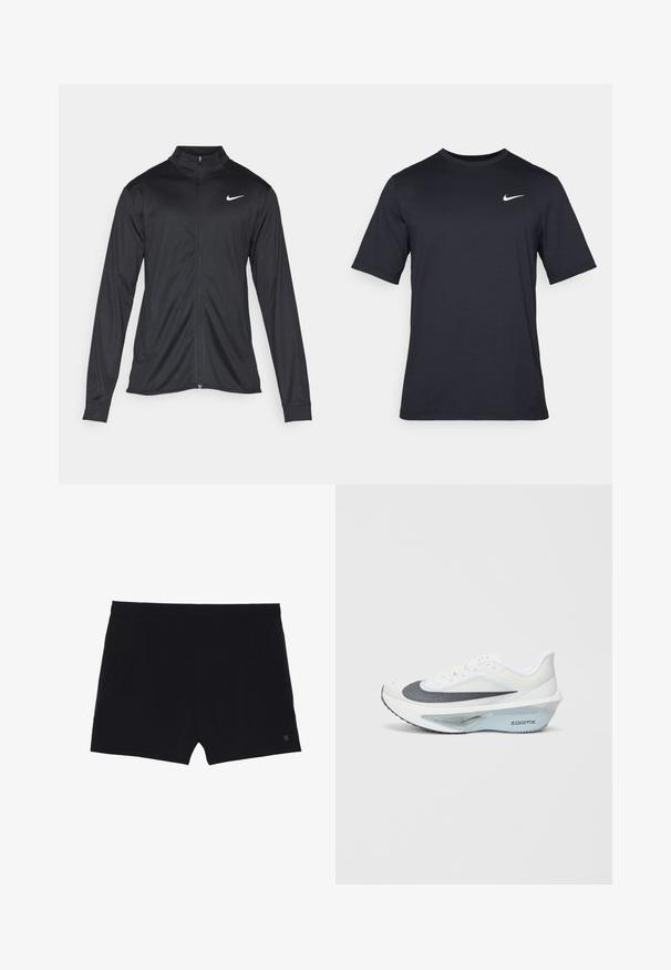 Černá sportovní bunda s dlouhými rukávy, límcem a plným zipem. Má decentní bílou logo značky Nike na horní levé části hrudi. Hladká textura.; Černé triko Nike s krátkým rukávem vyrobené z hladké látky, s bílým logem swoosh na horní levé straně, klasický kulatý výstřih.; Černé sportovní šortky se hladkým povrchem, elastickým pasem a dvěma bočními kapsami. Obsahují malé logo na pravé spodní straně.; Bílé sportovní boty s šedou síťovinou, modrou střední vrstvou z pěny ZoomX a zakřivenou podešví pro lepší pohon a pohodlí.
