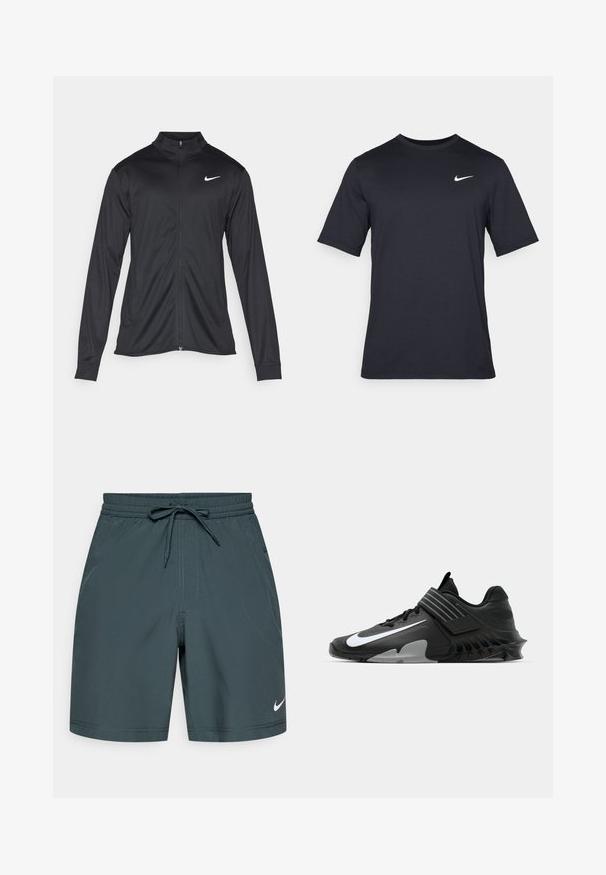 Čierna športová bunda s dlhými rukávmi, golierom a plným zipsom. Obsahuje nenápadné logo Nike v bielej farbe na hornej ľavej hrudi. Hladká textúra.; Čierne tričko s krátkym rukávom značky Nike z hladkého materiálu, s bielym logom swoosh na pravej hornej strane, okrúhly výstrih.; Pánske atlétické šortky vyrobené z tmavozelenej ľahkej tkaniny, s elastickým pásom a šnúrkou na stiahnutie, s malým bielym logom.; Čierne športové topánky s elegantným dizajnom, ktoré obsahujú výrazné biele logo Nike, textúrované prekrytia a charakteristickú tvarovanú podrážku.