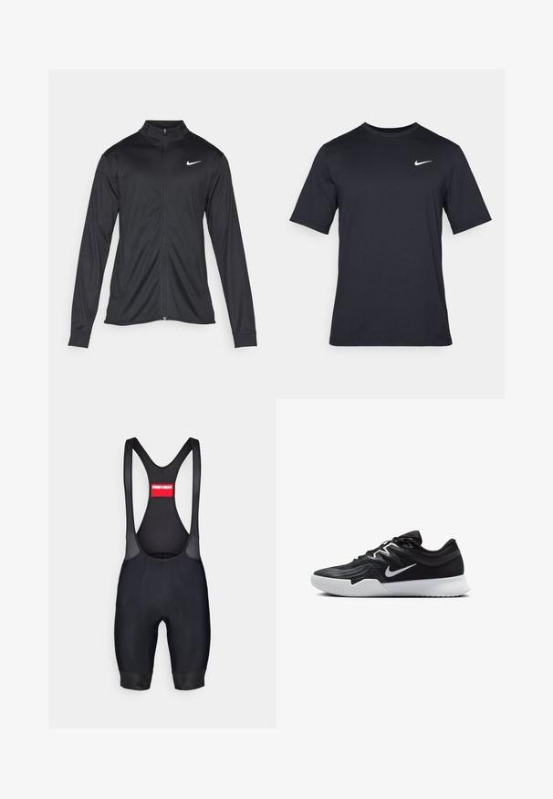 Črna atletska jakna z dolgimi rokavi, ovratnikom in polnim zadrgo. Vključuje diskreten bel Nike logotip na zgornjem levem delu prsnega koša. Gladka tekstura.; Črna kratkotrajna majica Nike iz gladkega materiala, z belim logotipom Swoosh na zgornji levi strani, okrogel izrez.; Črne kolesarske hlače z naramnicami iz mrežastega materiala, oblazinjeno sedežno področje, tesen kroj in elastični manšeti. Rdeča oznaka na zadnji strani z imenom blagovne znamke.; Črne atletske čevlje z teksturirano zgornjico, belim Nike znakom in belim gumijastim zunanjim podplatom. Imajo vezalni dizajn in dinamično obliko.