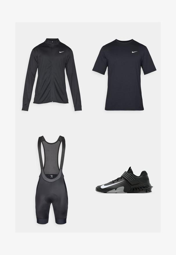 Melna sporta jaka ar garām piedurknēm, apkakli un pilnu rāvējslēdzēju. Uz kreisā krūts augšdaļas ir maigs Nike logo baltā krāsā. Gluda tekstūra.; Melnas īsām piedurknēm Nike t-krekls, izgatavots no gludas auduma, ar baltu swoosh logotipu augšējā kreisajā pusē, apaļu kakla izgriezumu.; Melni velosipēdu bikses ar tīkla aizmugures paneļa dizainu, piedāvā komfortu un piestāvēšanu, pateicoties polsterētai sēdekļa daļai un elastīgām kāju malām.; Melnas sporta kurpes ar elegantu dizainu, kurās ir izteikta balta Nike logo, teksturēti virsmas slāņi un izteikta veidota zole.
