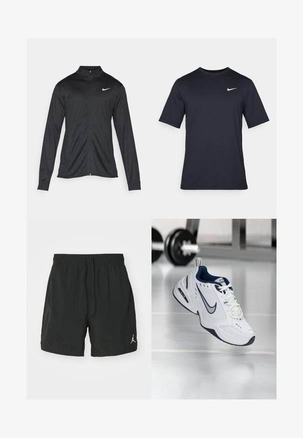 Jacket desportivo preto com mangas longas, colarinho e fecho zip completo. Apresenta um discreto logotipo da Nike em branco na parte superior do lado esquerdo do peito. Textura suave.; T-shirt Nike preto de manga curta, feito de um tecido suave, com um logo swoosh branco no lado superior esquerdo, gola redonda.; Calções de desporto pretos feitos de um tecido leve. Apresentam um cós elástico com cordão e um pequeno logótipo branco no canto inferior esquerdo.; Sapatilha atlética branca com um acabamento azul-marinho, parte superior em malha e couro, bico reforçado e sola de borracha preta. Apresenta uma marcação distinta da Nike.