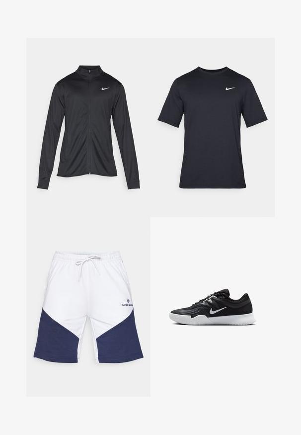 Juodas sportinis švarkas su ilgomis rankovėmis, apykakle ir pilnu užtrauktuku. Yra subtilus baltas Nike logotipas kairėje krūtinės pusėje. Lygus tekstūra.; Juodas trumpomis rankovėmis Nike marškinėliai, pagaminti iš lygaus audinio, su baltu swoosh logotipu viršutinėje kairėje pusėje, apvaliu kaklu.; Balti šortai su tamsiai mėlyna zigzago raštu, elastinga juosmeniu su raišteliu ir logotipu kairėje pusėje. Medžiaga - medvilnė, su sklandžiu paviršiumi.; Juodos sportinės bateliai su tekstūruota viršutine dalimi, balta Nike swoosh ir balta gumine išorine dalimi. Yra su raištelių užsegimo dizainu ir dinamine forma.