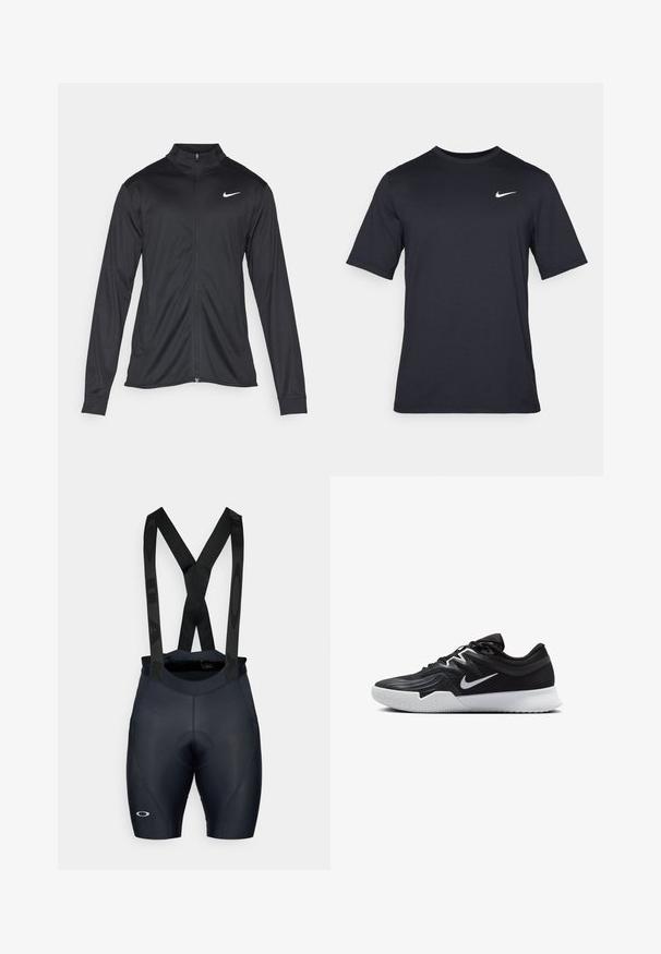 Svart idrettsjakke med lange ermer, krage og full glidelås. Har en subtil Nike-logo i hvitt på øvre venstre bryst. Glatt tekstur.; Svart kortermet Nike t-skjorte laget av glatt stoff, med en hvit swoosh-logo på øvre venstre side, rund hals.; Sorte sykkel bukseshorts med justerbare stropper, polstret sete, teksturert stoff og logodetalj på venstre bein. Tett passform.; Svart treningssko med teksturert overdel, hvit Nike-swoosh og hvit gummisåle. Har snøring og en dynamisk form.
