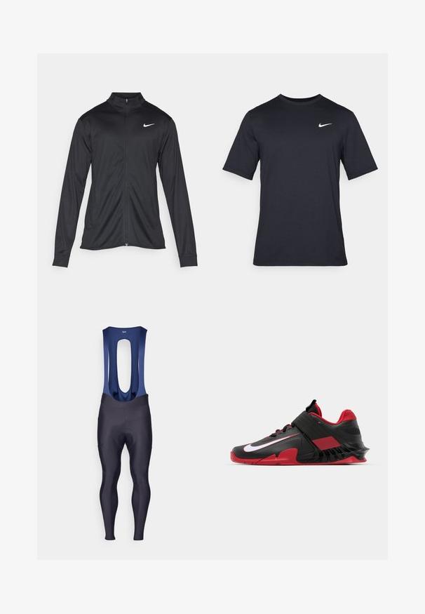 Chaqueta atlética negra con mangas largas, collar y cremallera completa. Presenta un sutil logo de Nike en blanco en la parte superior izquierda del pecho. Textura suave.; Camiseta negra de manga corta de Nike hecha de tela suave, con un logo de swoosh blanco en la parte superior izquierda y cuello cuadrado.; Rapha MENS CORE WINTER WITH PAD - Leggings - dark navy/navy; Zapatillas deportivas negras y rojas con un diseño elegante, parte superior de malla texturizada, suela de goma resistente y acento destacado con logotipo blanco.