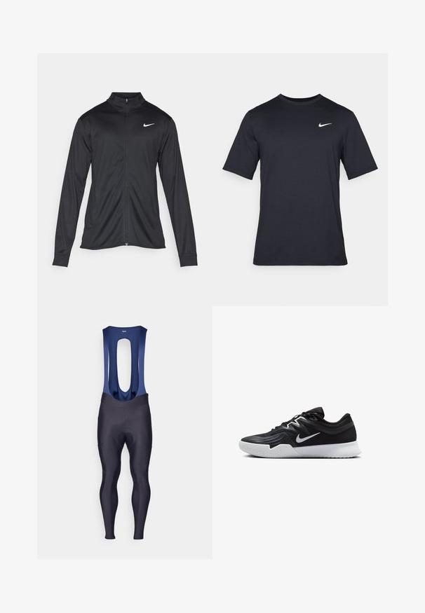 Schwarze Sportjacke mit langen Ärmeln, Kragen und voller Reißverschluss. Verfügt über ein dezentes Nike-Logo in Weiß auf der oberen linken Brust. Glatte Textur.; Schwarzes, kurzärmliges Nike-T-Shirt aus glattem Material, mit einem weißen Swoosh-Logo auf der oberen linken Seite und Rundhalsausschnitt.; Rapha MENS CORE WINTER WITH PAD - Tights - dark navy/navy; Schwarzer Sportschuh mit strukturiertem Obermaterial, weißem Nike-Warenzeichen und einer weißen Gummisohle. Verfügt über ein Schnürdesign und eine dynamische Form.