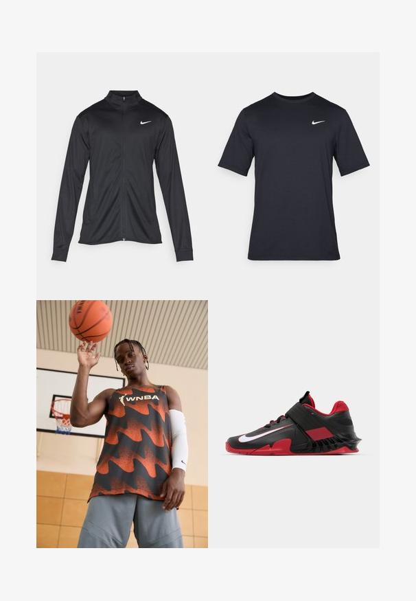 Jachetă sportivă neagră cu mâneci lungi, guler și fermoar complet. Prezintă un logo Nike subtil, alb, pe pieptul din stânga sus. Textură netedă.; Tricou Nike negru cu mânecă scurtă, confecționat dintr-un material neted, având un logo alb în formă de swoosh pe partea stângă sus, cu guler rotund.; Tricou WNBA de culoare portocalie și neagră, având un model în forme de valuri. Asociat cu pantaloni scurți gri și o manșetă albă pe braț, ținând o minge de baschet deasupra.; Adidași sport negri și roșii, cu un design elegant, superior din plasă texturată, talpă din cauciuc robustă și un accent proeminent al logo-ului alb.