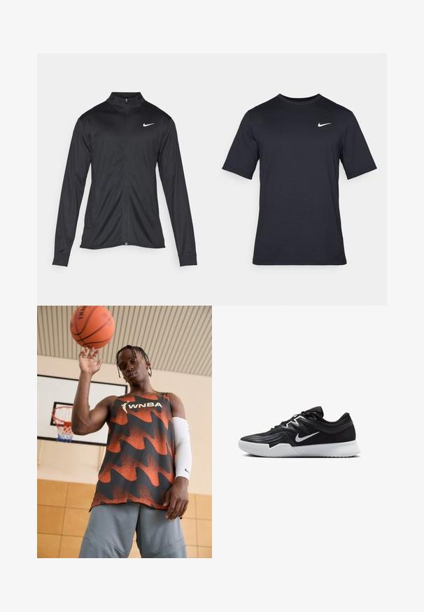Črna atletska jakna z dolgimi rokavi, ovratnikom in polnim zadrgo. Vključuje diskreten bel Nike logotip na zgornjem levem delu prsnega koša. Gladka tekstura.; Črna kratkotrajna majica Nike iz gladkega materiala, z belim logotipom Swoosh na zgornji levi strani, okrogel izrez.; Tank top WNBA v oranžni in črni barvi, ki vsebuje valovit vzorec. Ujemite ga z sivimi kratkimi hlačami in belim rokavom, drži košarko nad glavo.; Črne atletske čevlje z teksturirano zgornjico, belim Nike znakom in belim gumijastim zunanjim podplatom. Imajo vezalni dizajn in dinamično obliko.