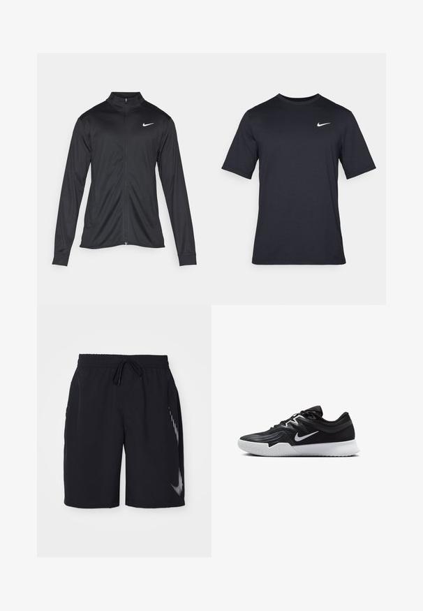 Čierna športová bunda s dlhými rukávmi, golierom a plným zipsom. Obsahuje nenápadné logo Nike v bielej farbe na hornej ľavej hrudi. Hladká textúra.; Čierne tričko s krátkym rukávom značky Nike z hladkého materiálu, s bielym logom swoosh na pravej hornej strane, okrúhly výstrih.; Čierne športové šortky s elastickým pásom, so šnúrkou a bielym logo dizajnom na boku. Vyrobené z ľahkého, hladkého materiálu.; Čierna športová topánka s textúrovaným zvrškom, bielym logom Nike a bielou gumovou podrážkou. Má šnurovací dizajn a dynamický tvar.