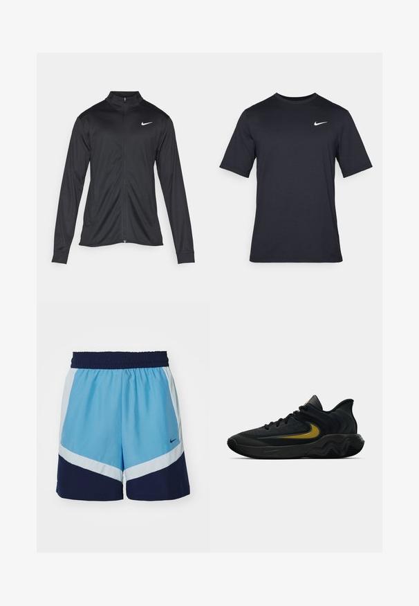 Μαύρο αθλητικό μπουφάν με μακριά μανίκια, γιακά και πλήρη φερμουάρ. Διαθέτει ένα διακριτικό λευκό λογότυπο της Nike στη πάνω αριστερή πλευρά του στήθους. Λείος υφασμάτινος χαρακτήρας.; Μαύρο κοντομάνικο μπλουζάκι Nike από λείο ύφασμα, με λευκό λογότυπο swoosh στην πάνω αριστερή πλευρά, στρογγυλή λαιμόκοψη.; Μπλε και ναυτική αθλητική σορτς με ελαστική μέση και διαγώνιο σχέδιο με χρώματα. Περιέχει λογότυπο Nike στη нижνη γωνία.; Μαύρο και σκούρο γκρίζο αθλητικό παπούτσι με μαύρες κορδόνες και χρυσό λογότυπο σούσι, με κυματιστό σχέδιο σόλας και επενδυμένο κολάρο στον αστράγαλο.