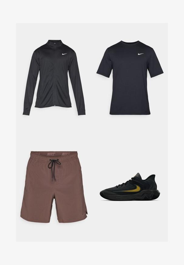 Jacket desportivo preto com mangas longas, colarinho e fecho zip completo. Apresenta um discreto logotipo da Nike em branco na parte superior do lado esquerdo do peito. Textura suave.; T-shirt Nike preto de manga curta, feito de um tecido suave, com um logo swoosh branco no lado superior esquerdo, gola redonda.; Calções de banho Nike castanhos com um cós elástico, cordão ajustável e um detalhe de logotipo discreto na bainha. Textura de tecido suave, design leve.; Tênis atlético preto e cinza escuro com cadarços pretos e logotipo swoosh dourado, apresentando um design de sola ondulada e colarinho acolchoado no calcanhar.
