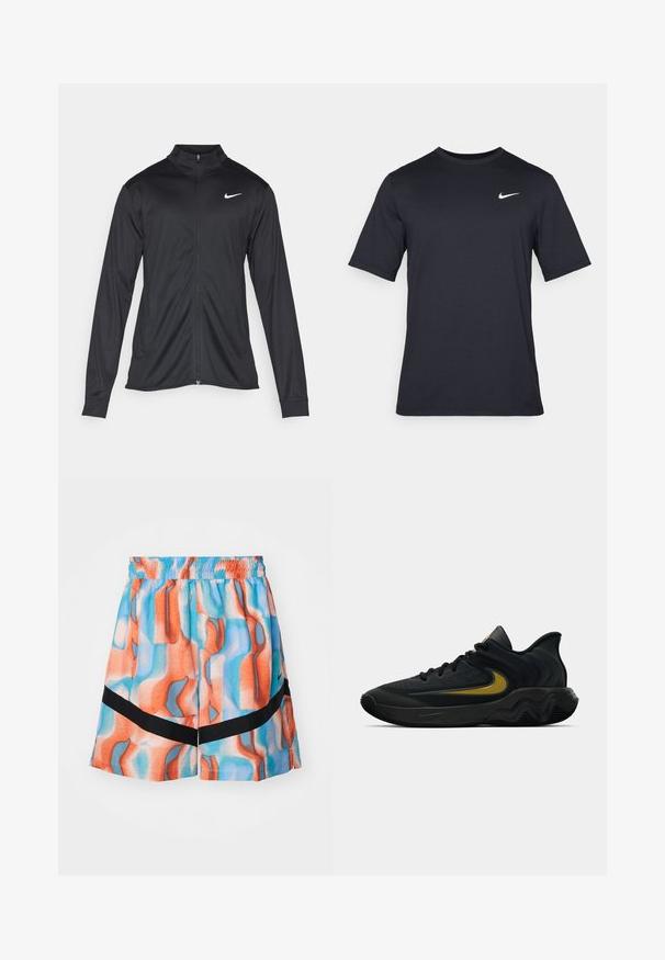 Must värvi sportlik jakk pikkade varrukatega, krae ja täispikk tõmblukk. Ülemises vasakus rinnas on diskreetne valge Nike logo. Sile tekstuur.; Must tume musta Nike t-särk, mis on valmistatud siledast kangast, valge swoosh logo vasakul ülanurgas, ümar kaelus.; Värvikad lühikesed püksid, millel on laineline abstraktne muster oranžis, sinises ja virsikus, elastselt taljega ning musta aktsendiribaga.; Mustmust värvi ja tumeda halli sportlik king, millel on mustad paelad ja kuldne swooshi logo, ning laineline tald ja pehmendatud kand.