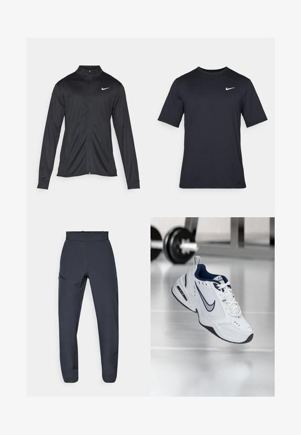 Juodas sportinis švarkas su ilgomis rankovėmis, apykakle ir pilnu užtrauktuku. Yra subtilus baltas Nike logotipas kairėje krūtinės pusėje. Lygus tekstūra.; Juodas trumpomis rankovėmis Nike marškinėliai, pagaminti iš lygaus audinio, su baltu swoosh logotipu viršutinėje kairėje pusėje, apvaliu kaklu.; Tamsiai mėlynos techninės kelnės, pagamintos iš sintetinio materiаlo; turi plokščią liemenėlę, dvi priekinės kišenes ir papildomą kišenę su užtrauktuku šone.; Balti sportiniai batai su tamsiai mėlynu akcentu, akių ir odos viršumi, sustiprinta nosimi ir juodu guminiu padu. Yra išskirtinė Nike ženklinimo funkcija.