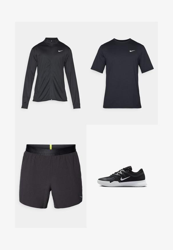 Must värvi sportlik jakk pikkade varrukatega, krae ja täispikk tõmblukk. Ülemises vasakus rinnas on diskreetne valge Nike logo. Sile tekstuur.; Must tume musta Nike t-särk, mis on valmistatud siledast kangast, valge swoosh logo vasakul ülanurgas, ümar kaelus.; Mustad mustad lühikesed püksid sujuva tekstuuriga, elastse vöökoha, millel on kollane aktsent, ning väikese logoga alumises paremas nurgas.; Must mustad jalanikesad rikaste ülaservaga, valge Nike swoosh'i ja valge kummist välispõhjaga. Omab paeltega sulgemisdetaili ja dünaamilist kuju.