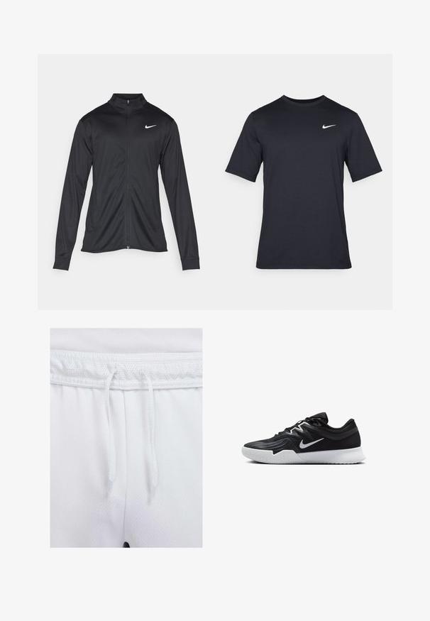 Veste de sport noire à manches longues, avec col et fermeture éclair intégrale. Présente un logo Nike subtil en blanc sur le côté supérieur gauche de la poitrine. Texture lisse.; T-shirt noir à manches courtes Nike en tissu lisse, arborant un logo swoosh blanc sur le côté supérieur gauche, col rond.; Shorts de sport blancs avec une taille en mesh, des cordons de serrage ajustables et un tissu doux et texturé présentant des détails de couture visibles.; Chaussure de sport noire avec une tige texturée, un swoosh blanc de Nike et une semelle extérieure en caoutchouc blanc. Elle présente un design à lacets et une forme dynamique.