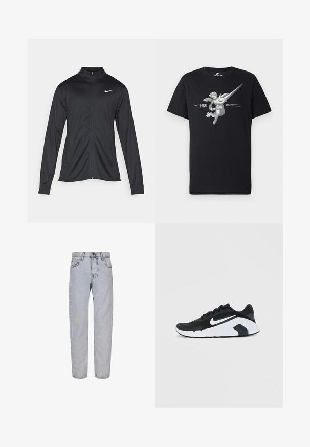 Must värvi sportlik jakk pikkade varrukatega, krae ja täispikk tõmblukk. Ülemises vasakus rinnas on diskreetne valge Nike logo. Sile tekstuur.; Must musta must sama must valge tiibadega ingelgraafik, millel on pikendatud Nike'i sulu ja tekst "Nike Sportswear võidu tiibadel".; 2Y Premium Avar lõikega teksad - lightblue; Mustvalge Nike jooksutoss, millel on valge swooshi logo, paeltega disain ja pehme tallaga, näidatud külgvaates ühtlasel taustal.