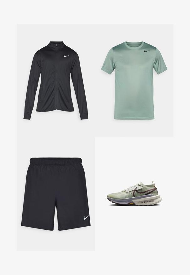 Fekete sportdzseki hosszú ujjal, gallérral és teljes cipzárral. Diszkrét fehér Nike logóval az upper bal mellen. Sima textúra.; Világos zöld Nike póló, rövid ujjú, kerek nyakkivágású, sima textúrájú, finom árnyékolással, a bal vállon fekete swoosh logóval.; Fekete sportnadrág könnyű anyagból, rugalmas derékkal. A bal alsó oldalon egy kis fehér Nike-logó található.; Nike Performance ZOOMX ZEGAMA 2 - Terepfutó cipők - green
