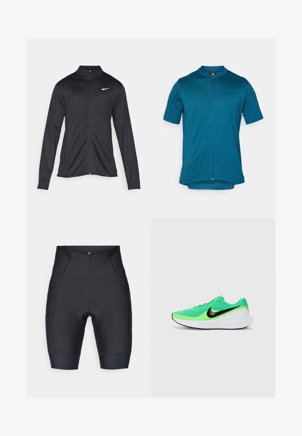 Schwarze Sportjacke mit langen Ärmeln, Kragen und voller Reißverschluss. Verfügt über ein dezentes Nike-Logo in Weiß auf der oberen linken Brust. Glatte Textur.; Kurzärmliges Fahrraderlebnis in Teal. Mit einem Frontreißverschluss, hohem Kragen und glattem, feuchtigkeitsableitendem Stoff mit dezentem Branding.; Schwarze Radshorts aus dehnbarem Stoff. Mit gepolstertem Sitzbereich, nahtlosem Design und eng anliegendem Schnitt mit elastischen Bündchen am Saum.; Grüner Sportschuh mit Obermaterial aus Mesh, ausgestattet mit einem schwarzen Nike-Swoosh, einer weißen Zwischensohle und einer strukturierten Gummisohle.