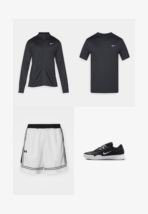 Crna sportska jakna s dugim rukavima, ovratnikom i punim patentnim zatvaračem. Ima suptilan Nike logo u bijeloj boji na gornjem lijevom dijelu prsne oznake. Glatka tekstura.; Crna Nike majica kratkih rukava od lagane tkanine, s malim bijelim logotipom na gornjem lijevom dijelu.; Bijele mrežaste šortsice s crnim detaljima, elastičnim pojasom, vezicom i bočnim prugama. Sadrže Under Armour logo na lijevom rubu.; Crna sportska cipela s teksturiranim gornjim dijelom, bijelim Nike swooshom i bijelim gumennim potplatom. Ima dizajn s vezanjem i dinamičan oblik.
