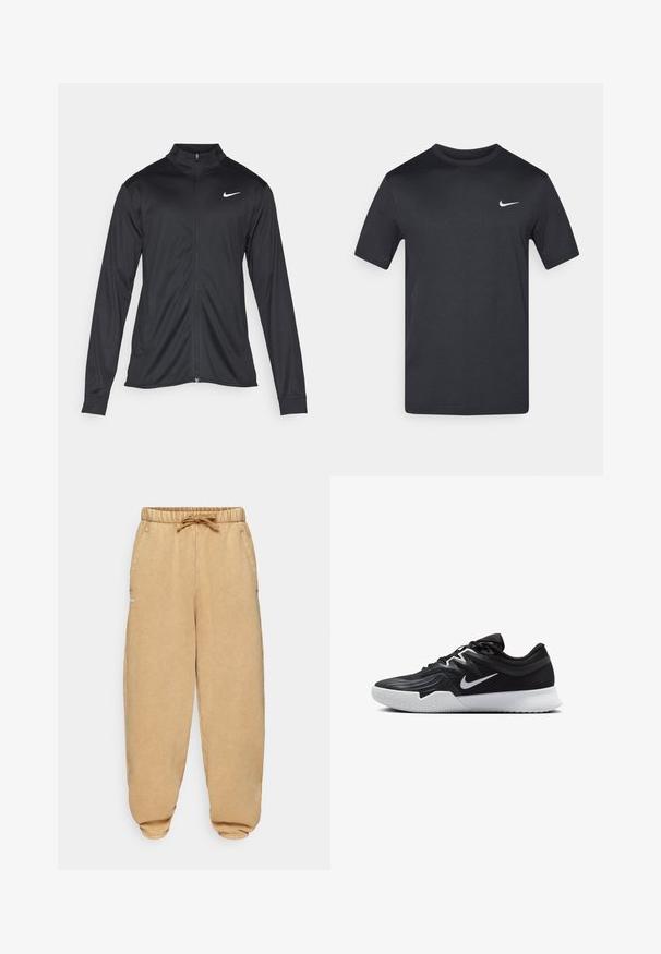 Schwarze Sportjacke mit langen Ärmeln, Kragen und voller Reißverschluss. Verfügt über ein dezentes Nike-Logo in Weiß auf der oberen linken Brust. Glatte Textur.; Schwarzes Nike-T-Shirt mit kurzen Ärmeln aus leichtem Stoff, mit einem kleinen weißen Logo auf der oberen linken Seite.; Beige Jogginghosen aus weichem Material, mit einem elastischen Bund und Kordelzug, seitlichen Taschen und schmal zulaufenden Bündchen.; Schwarzer Sportschuh mit strukturiertem Obermaterial, weißem Nike-Warenzeichen und einer weißen Gummisohle. Verfügt über ein Schnürdesign und eine dynamische Form.
