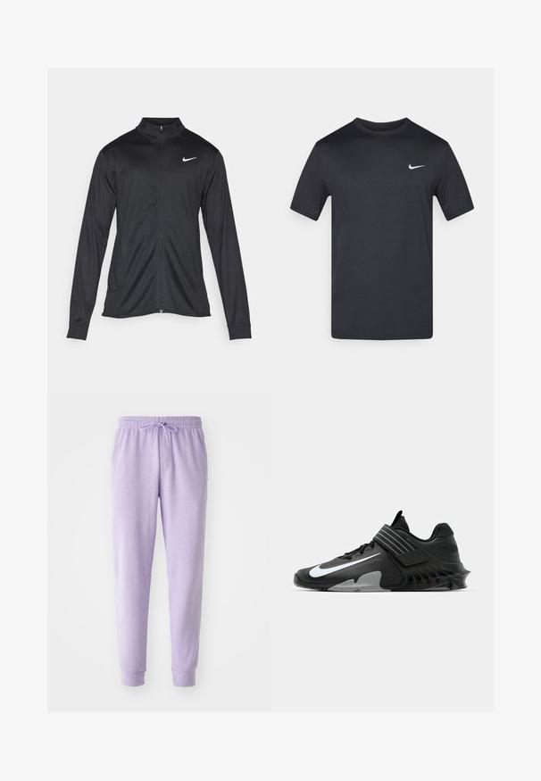 Black athletic jacket with long sleeves, collar, and full zipper. Features a subtle Nike logo in white on the upper left chest. Smooth texture.; Black short-sleeve Nike t-shirt made of lightweight fabric, featuring a small white logo on the upper left side.; Lavender sweatpants with an elastic waistband and adjustable drawstring. Features a tapered design and ribbed cuffs. Soft fabric texture.; Black athletic shoes with a sleek design, featuring a prominent white Nike logo, textured overlays, and a distinctive molded sole.