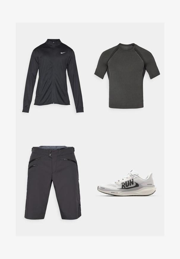 Musta urheilutakki pitkillä hihoilla, kauluksella ja kokonaisella vetoketjulla. Täydentää hienovarainen Nike-logo valkoisena vasemmassa ylärinnassa. Litteä pinta.; Mustapaitainen lyhythihainen urheilupaita, jossa on teksturoitu ribbikuvio, sopiva malli ja minimalistinen viimeistely hihoissa ja kaula-aukossa.; Harmaat housut slim fit -mallilla, valmistettu kevyestä materiaalista. Ominaisuuksiin kuuluu kaksi etutaskua vetoketjulla ja logo-patch alhaalla vasemmassa lahkeessa.; Valkoiset juoksukengät, joissa on verkkokangasosa, suuri musta "RUN" -grafiikka, vaaleanharmaat yksityiskohdat ja pehmeä pohja, jossa on "AIR 200M" -brändäys.