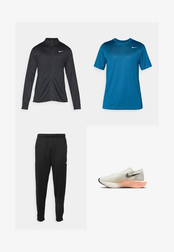 Veste de sport noire à manches longues, avec col et fermeture éclair intégrale. Présente un logo Nike subtil en blanc sur le côté supérieur gauche de la poitrine. Texture lisse.; T-shirt d'athlétisme à manches courtes en bleu, fabriqué en tissu lisse et évacuant l'humidité. Il présente un col rond et un petit logo sur la poitrine.; Pantalon de sport noir en tissu lisse, avec une taille élastique, des jambes fuselées et un petit logo blanc sur le côté gauche.; Baskets de course légères en maille blanche avec un swoosh Nike noir, une semelle intermédiaire rose, une tige texturée et une semelle extérieure blanche incurvée.