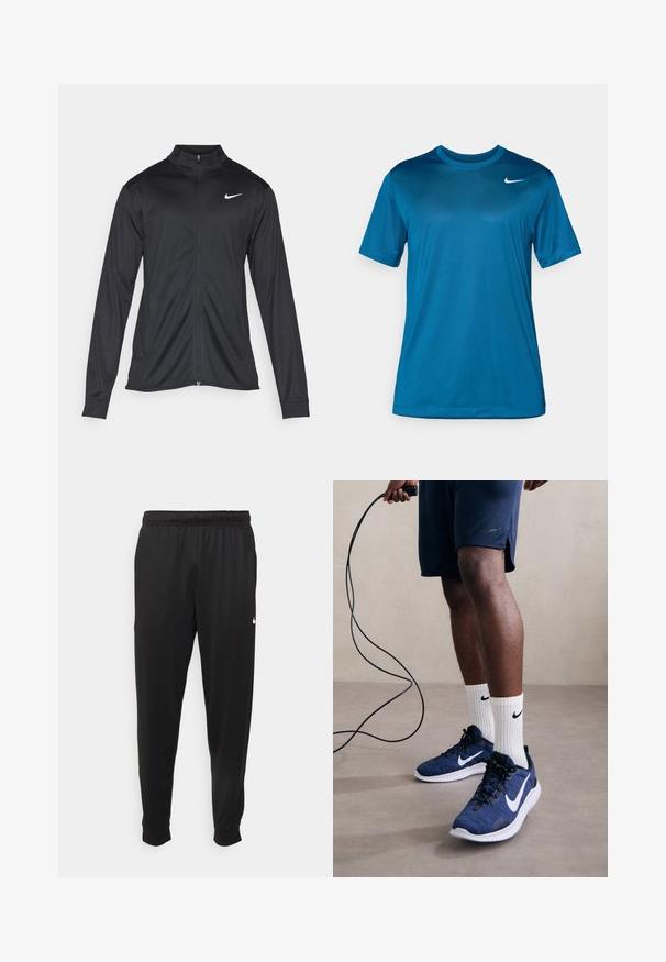 Schwarze Sportjacke mit langen Ärmeln, Kragen und voller Reißverschluss. Verfügt über ein dezentes Nike-Logo in Weiß auf der oberen linken Brust. Glatte Textur.; Sportliches T-Shirt mit kurzen Ärmeln in Blau, gefertigt aus glattem, feuchtigkeitsableitendem Material. Hat einen runden Halsausschnitt und ein kleines Logo auf der Brust.; Schwarze Sporthosen aus glattem Stoff, mit einem elastischen Bund, schmal zulaufenden Beinen und einem kleinen weißen Logo auf der linken Seite.; Nike Performance FLEX EXPERIENCE RUN 12 - Laufschuh Straße - astronomy blue/white/black/hyper crimson
