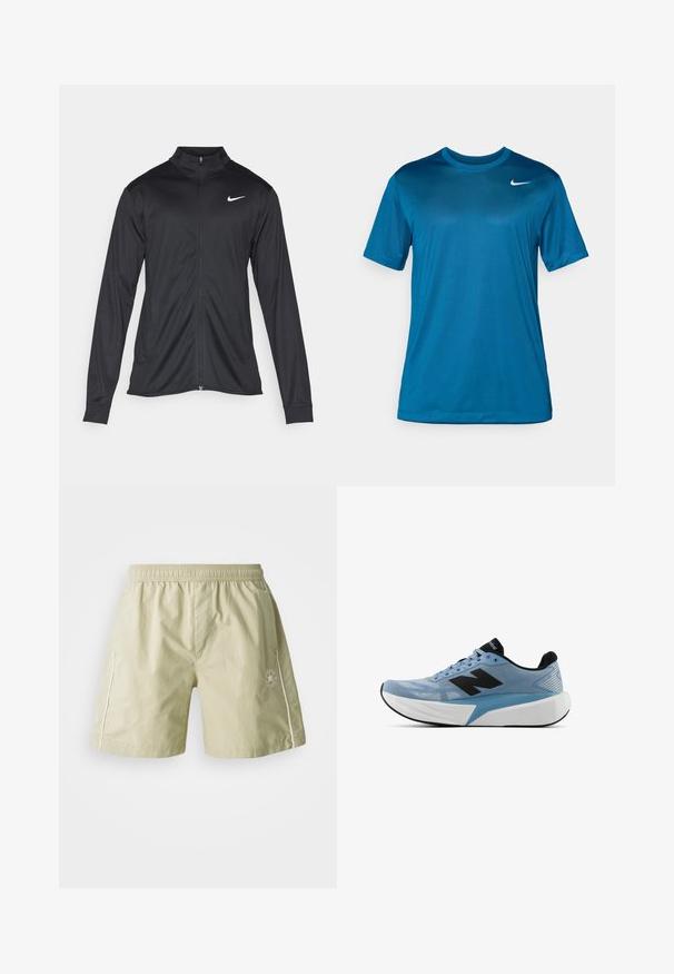 Melna sporta jaka ar garām piedurknēm, apkakli un pilnu rāvējslēdzēju. Uz kreisā krūts augšdaļas ir maigs Nike logo baltā krāsā. Gluda tekstūra.; Īsām piedurkņu sporta t-krekls zilā krāsā, izgatavots no gludas, mitrumu uzsūcošas auduma. Tam ir apaļš izgriezums un mazs logo uz krūtīm.; Gaiši zaļi šorti no gludas auduma ar elastīgu jostasviedu, sānu kabatām, baltām akcentām un logotipu uz kreisās kājas.; Gaiši zili sporta apavi ar melnu logo, biezu baltu zoli un melnu iekšējo oderi, redzami no sāna uz baltā fona.