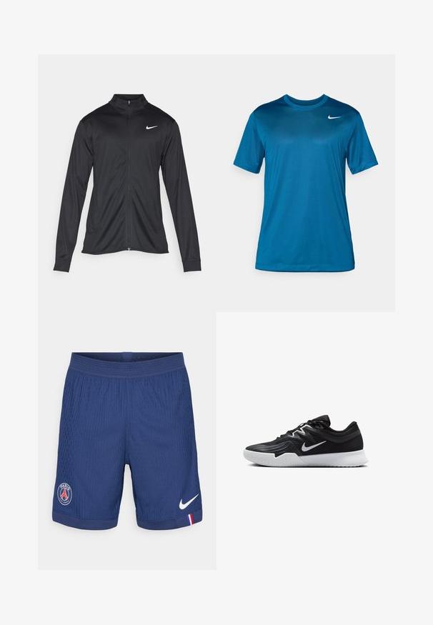 Must värvi sportlik jakk pikkade varrukatega, krae ja täispikk tõmblukk. Ülemises vasakus rinnas on diskreetne valge Nike logo. Sile tekstuur.; Lühikeste varrukatega spordit-särk sinises, valmistatud sujuvast ja niiskust imavast kangast. Omaduseks on ümar kaelus ja väike logo rinnal.; Tumed sinised spordilühikesed püksid, mis on valmistatud tekstureeritud kangast, sisaldavad Nike logo, Pariisi embleemi ja punas-sinise-valge aktsendi äärisel.; Must mustad jalanikesad rikaste ülaservaga, valge Nike swoosh'i ja valge kummist välispõhjaga. Omab paeltega sulgemisdetaili ja dünaamilist kuju.