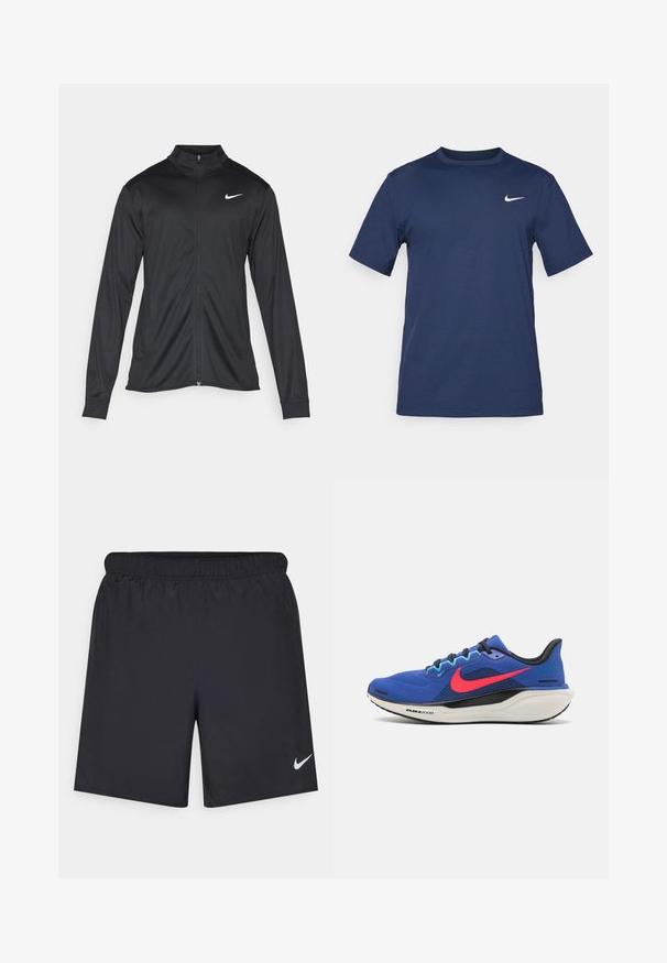 Musta urheilutakki pitkillä hihoilla, kauluksella ja kokonaisella vetoketjulla. Täydentää hienovarainen Nike-logo valkoisena vasemmassa ylärinnassa. Litteä pinta.; T-paita laivastonsinisestä pehmeästä kankaasta, jossa on lyhyet hihat, pyöreä pääntie ja pieni valkoinen logo vasemmassa ylärintataskussa.; Mustat urheilushortsit, jotka on valmistettu kevyestä materiaalista ja joissa on joustava vyötärö. Alareunassa vasemmalla puolella on pieni valkoinen Nike-logo.; Nike Performance AIR ZOOM PEGASUS 41 - Katujuoksukengät - astronomy blue/hot punch/black/baltic blue/pale ivory