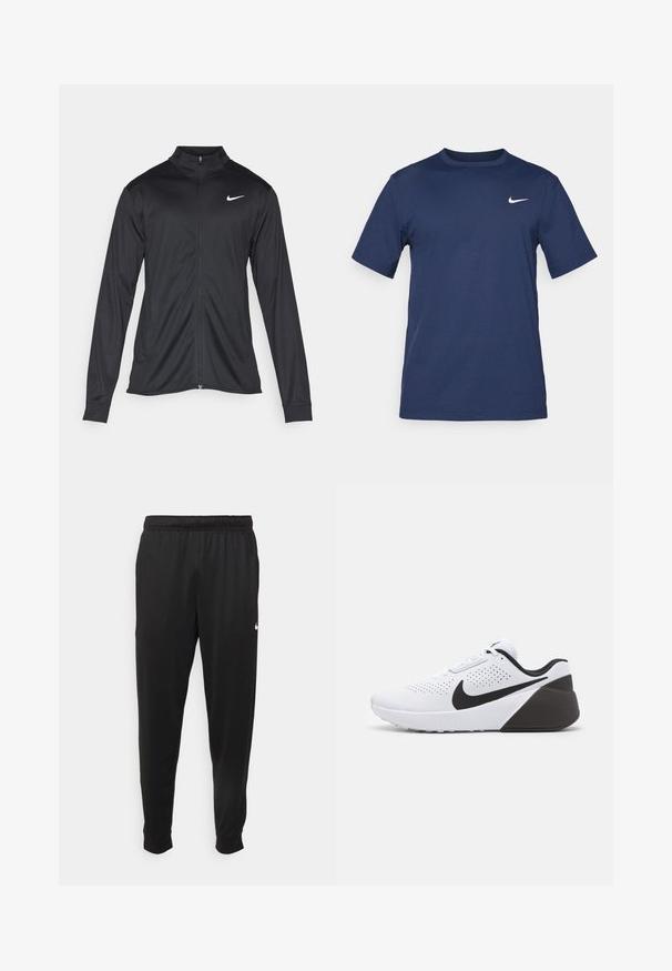 Melna sporta jaka ar garām piedurknēm, apkakli un pilnu rāvējslēdzēju. Uz kreisā krūts augšdaļas ir maigs Nike logo baltā krāsā. Gluda tekstūra.; Tumši zilas krāsas Nike T-krekls, izgatavots no mīksta auduma, ar īsām piedurknēm, apaļu kakla izgriezumu un nelielu baltu logo augšējā kreisajā krūtī.; Melnas sporta bikses, kas izgatavotas no gludas auduma, ar elastīgu jostu, sašaurinošām kājām un mazu balto logo kreisajā pusē.; Baltās sporta kurpes ar melniem akcentiem, tām ir perforēta virsma, noapaļota purngala forma un teksturēta pelēka papēža daļa. Ar auklām aizverama.