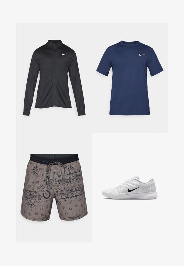 Must värvi sportlik jakk pikkade varrukatega, krae ja täispikk tõmblukk. Ülemises vasakus rinnas on diskreetne valge Nike logo. Sile tekstuur.; Tume sinine Nike'i T-särk, mis on valmistatud pehmest kangast, lühikeste varrukatega, ümmarguse kaeluse ja väikese valge logoga vasakul rinnal.; Meeste ujumispüksid hallist kangast, millel on must paisley-muster, elastne vöökoht ja reguleeritav nöör. Nailonmaterjal, millel on sile tekstuur.; Valge spordijalats, millel on tekstuuriga mesh-ülemine osa, must Nike swoosh, pehmendatud krae ja kummist tald, millel on mustritrepp.