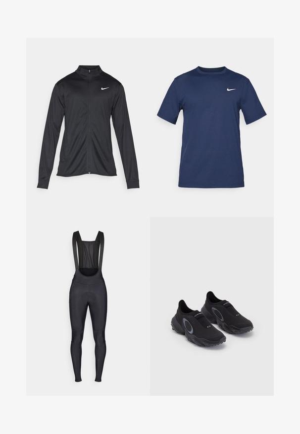 Juodas sportinis švarkas su ilgomis rankovėmis, apykakle ir pilnu užtrauktuku. Yra subtilus baltas Nike logotipas kairėje krūtinės pusėje. Lygus tekstūra.; Tamsiai mėlynas Nike marškinėliai, pagaminti iš minkštos medžiagos, su trumpomis rankovėmis, apvaliu kaklu ir mažu baltu logotipu kairiajame viršutiniame krūtinės kampe.; Juodi dviratininkų šortai su petnešomis, turintys tinklinį nugaros panelį ir paminkštintą sėdynės dalį, užtikrinančią komfortą važiuojant.; Juodos slip-on sneaker'iai su tekstūruotu paviršiumi ir guma padu. Ypatybės: pilkas apvalus akcentas ir elastinga juosta ant pėdos vidurinės dalies, užtikrinanti patogią prigludimą.